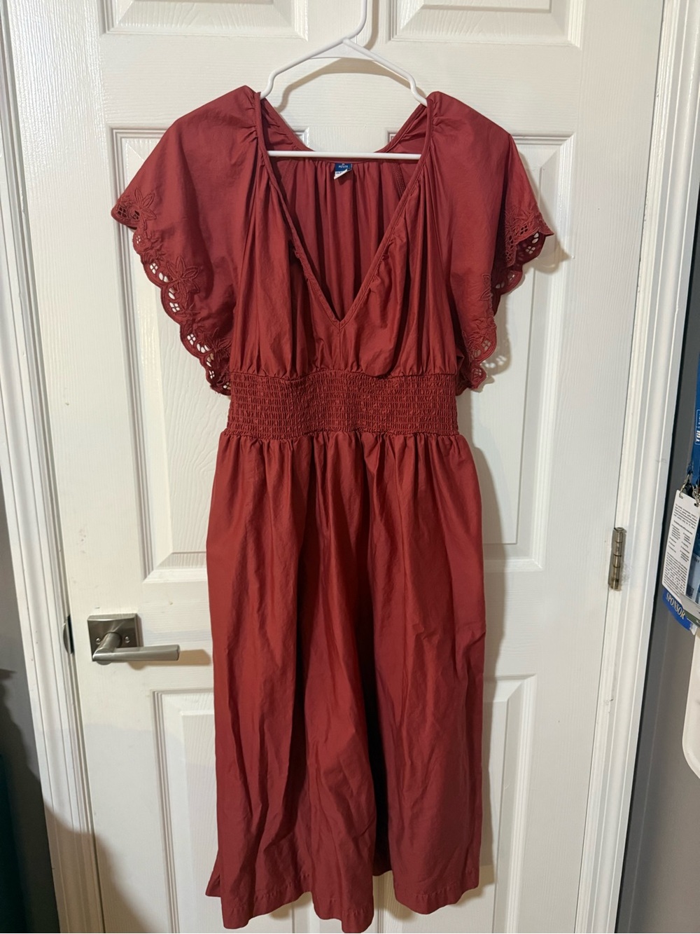 Old Navy Rust Red V-Neck Midi Dress with Smocked Waist